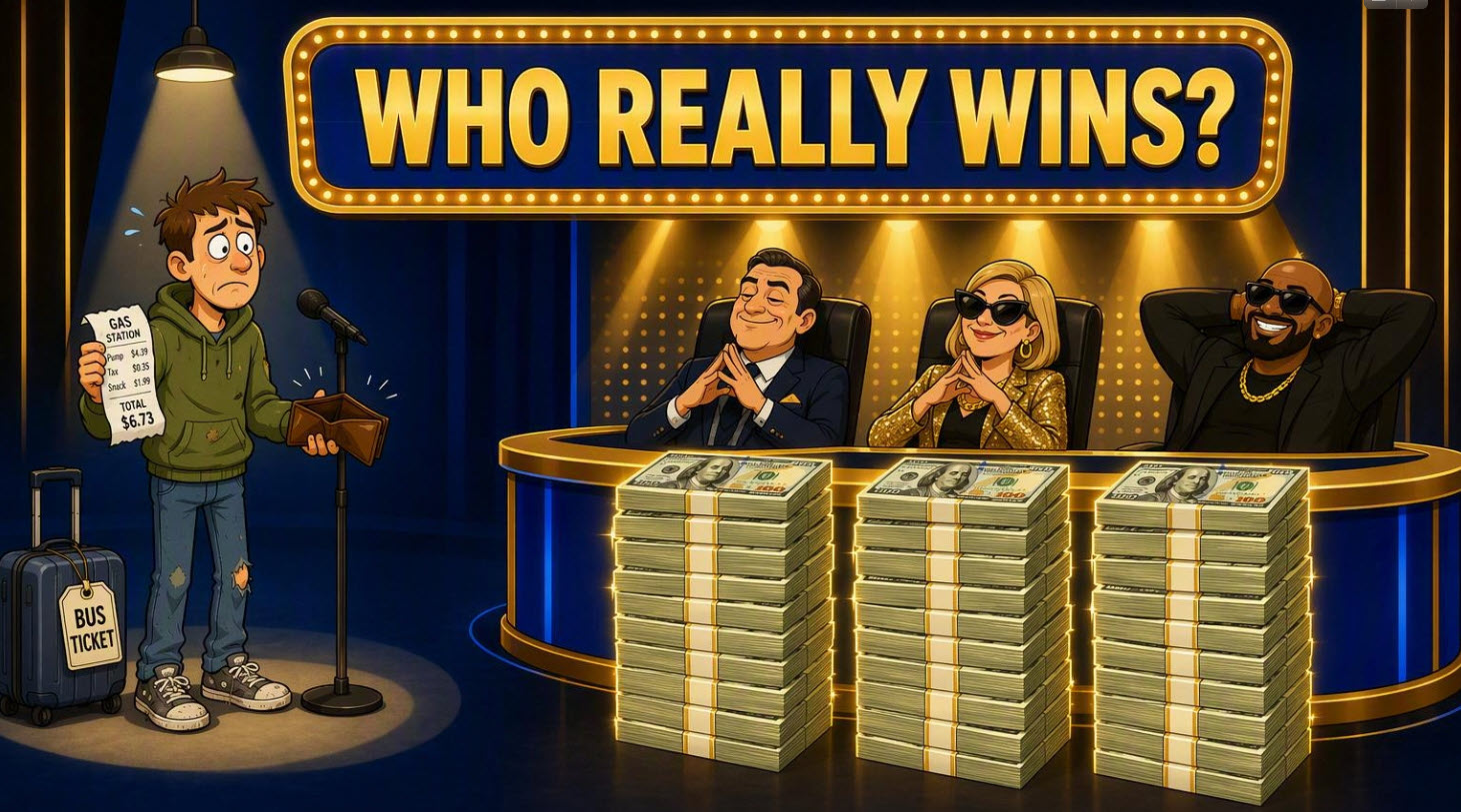 Cartoon illustration of a nervous young singing contestant holding an empty wallet and a gas station receipt, standing under a single spotlight next to a rolling suitcase tagged BUS TICKET, while three smug judges sit behind a desk stacked with enormous piles of hundred-dollar bills under a marquee sign reading WHO REALLY WINS?