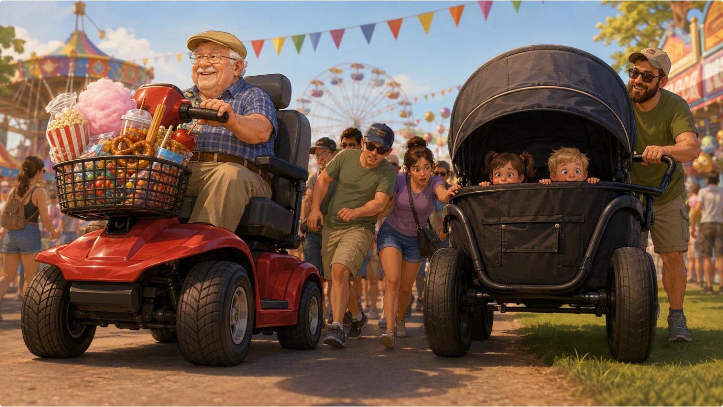 Cartoon illustration of an oversized senior mobility scooter piled with fair snacks and an oversized covered-wagon stroller with two children, both taking up most of a crowded fairground path while other fairgoers hustle to get out of the way