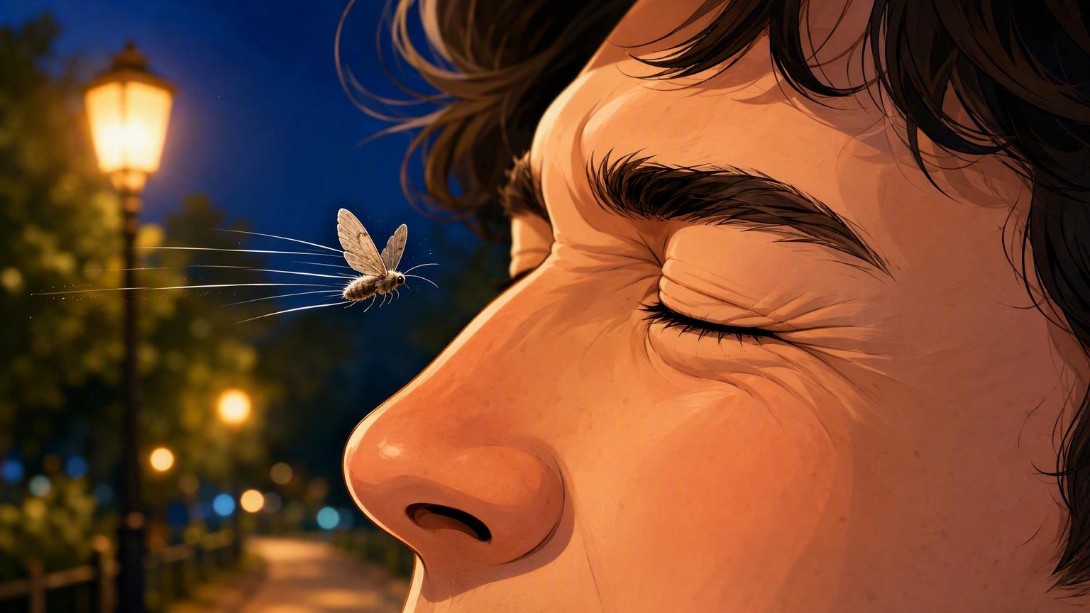 Illustration of a person's eyes closing just as a moth flies toward their face on a nighttime walk