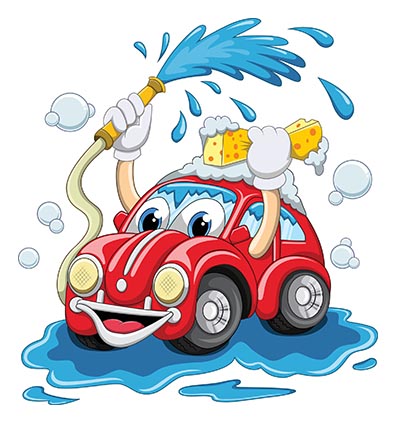 Cartoon car washing itself with a hose and sponge