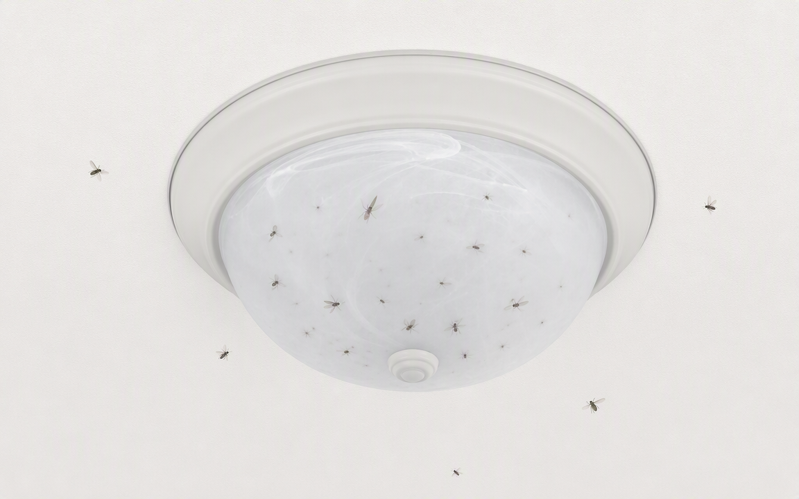 Illustration of flying insects gathered on a ceiling light fixture