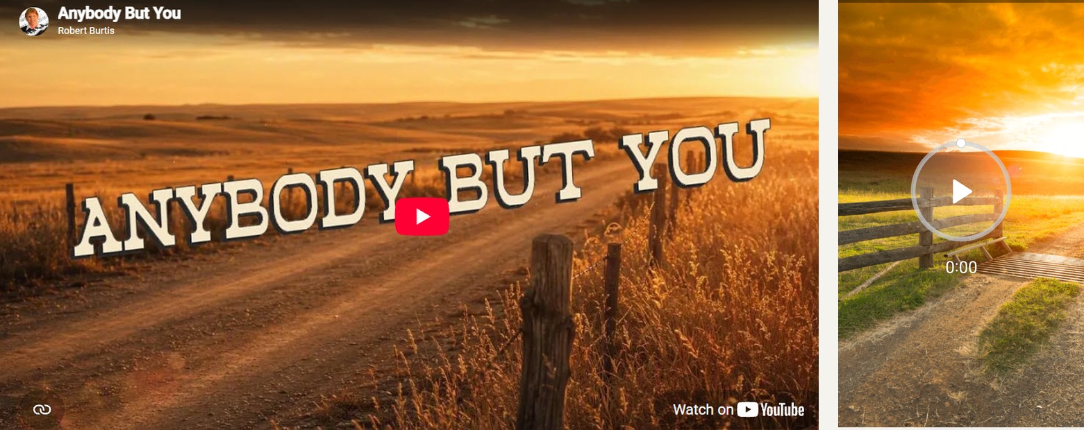 Side by side: the YouTube thumbnail for Anybody But You showing a golden sunset dirt road with a wooden fence, next to the Monroe Institute Expand app's meditation titled Gateway to a Golden Summer, showing a nearly identical golden sunset road and fence