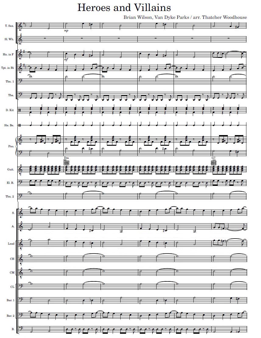 Six measures of the Heroes and Villains orchestral score, arranged by Thatcher Woodhouse — twenty-two staves of instrumentation and vocals