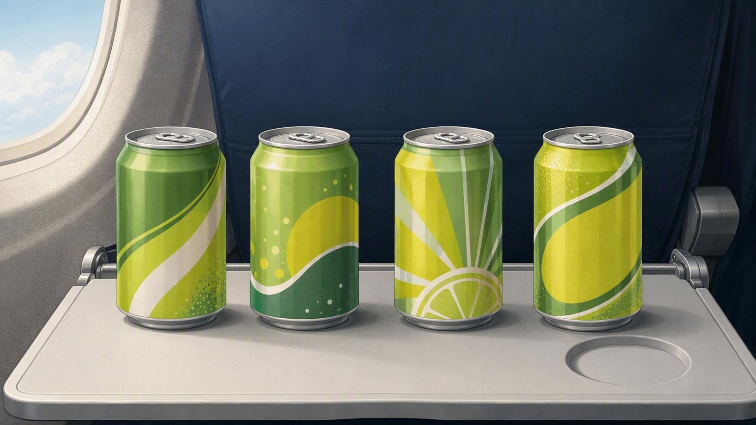 Four cans of lemon-lime soda with similar green and yellow packaging designs lined up on an airplane tray table