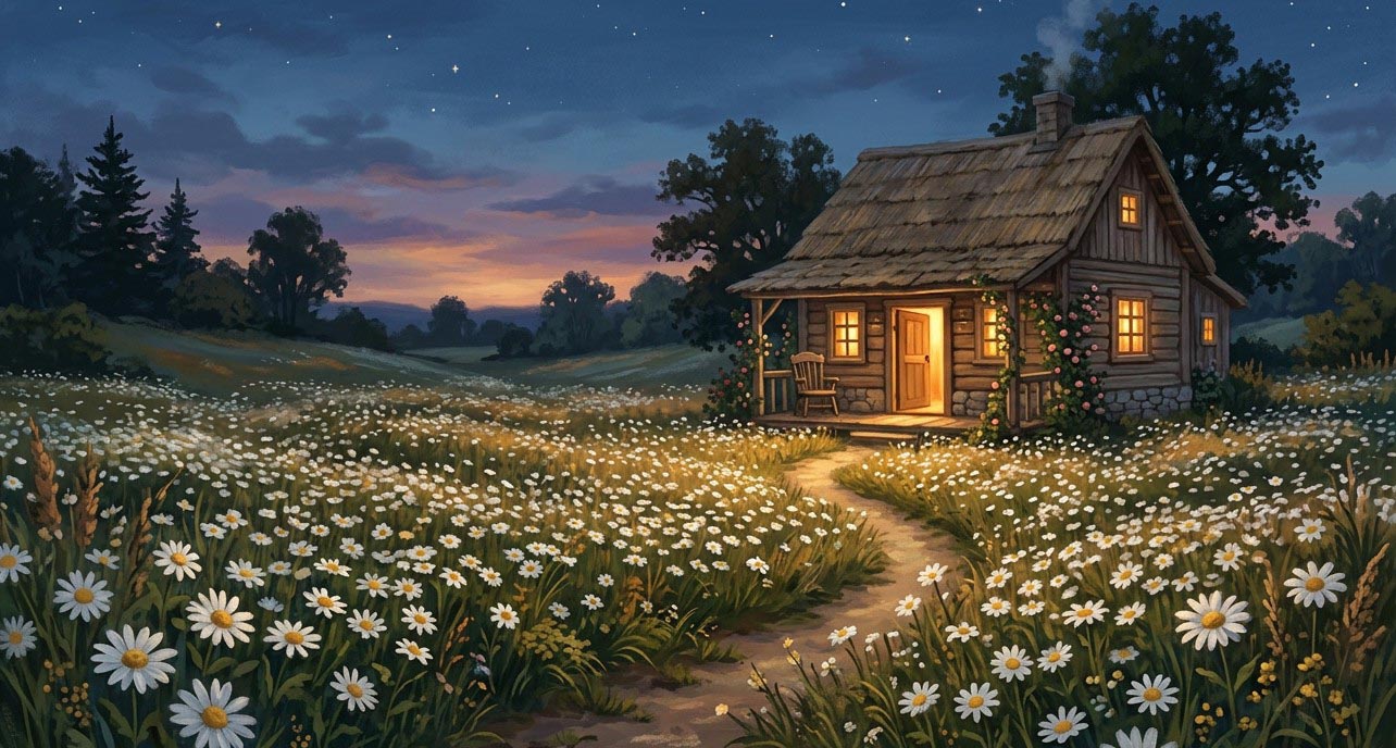 A small wooden cottage at dusk with its door open and warm light glowing inside, an empty chair on the porch, and a path winding to it through a field of white daisies under the first evening stars